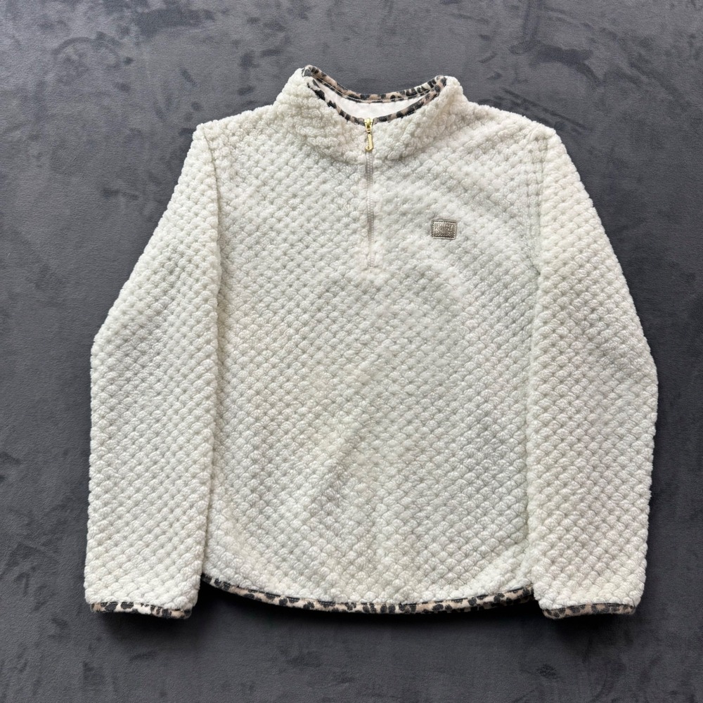 Juicy Couture Kids Cream Popcorn Sherpa Fleece Quarter Zip Pullover Leopard 8/10